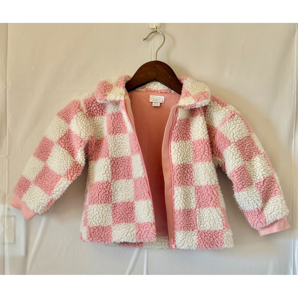 Mud Pie Pink White Checkered Sherpa Fleece Zip Up Jacket Toddler Girls 2T-3T - Picture 2 of 4